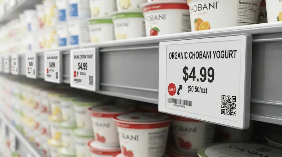 Close-up view of a digital price tag showing price, product information, and barcode Close-up view of a digital price tag showing price, product information, and barcode